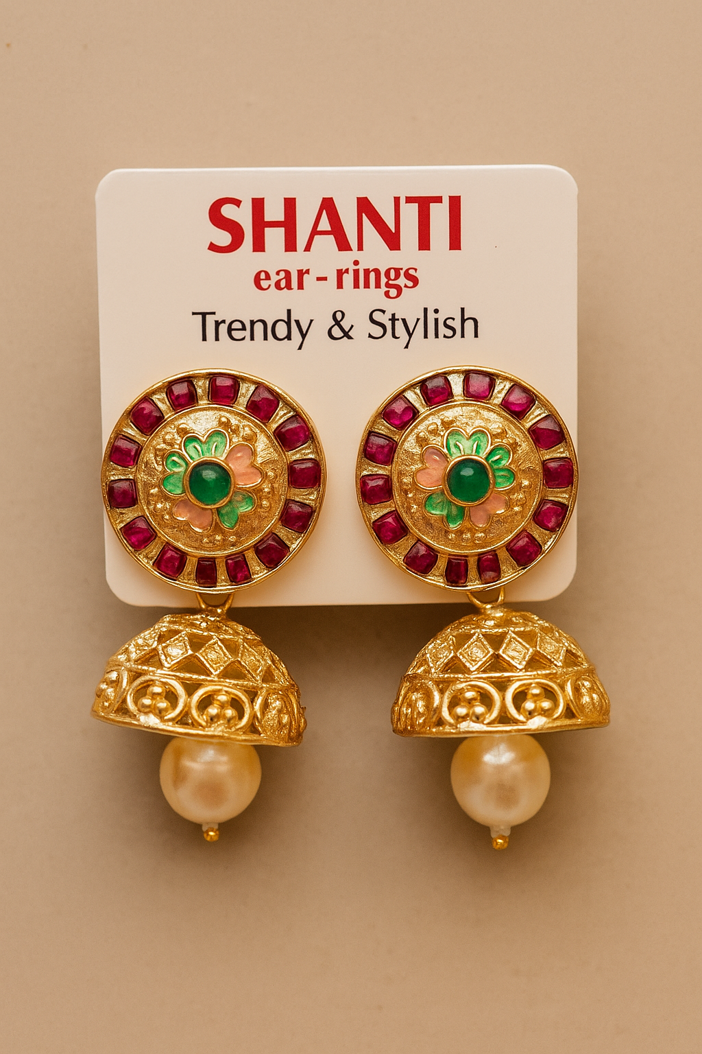 Shanti Traditional Gold-Plated Jhumka Earrings with Pearl Drop
