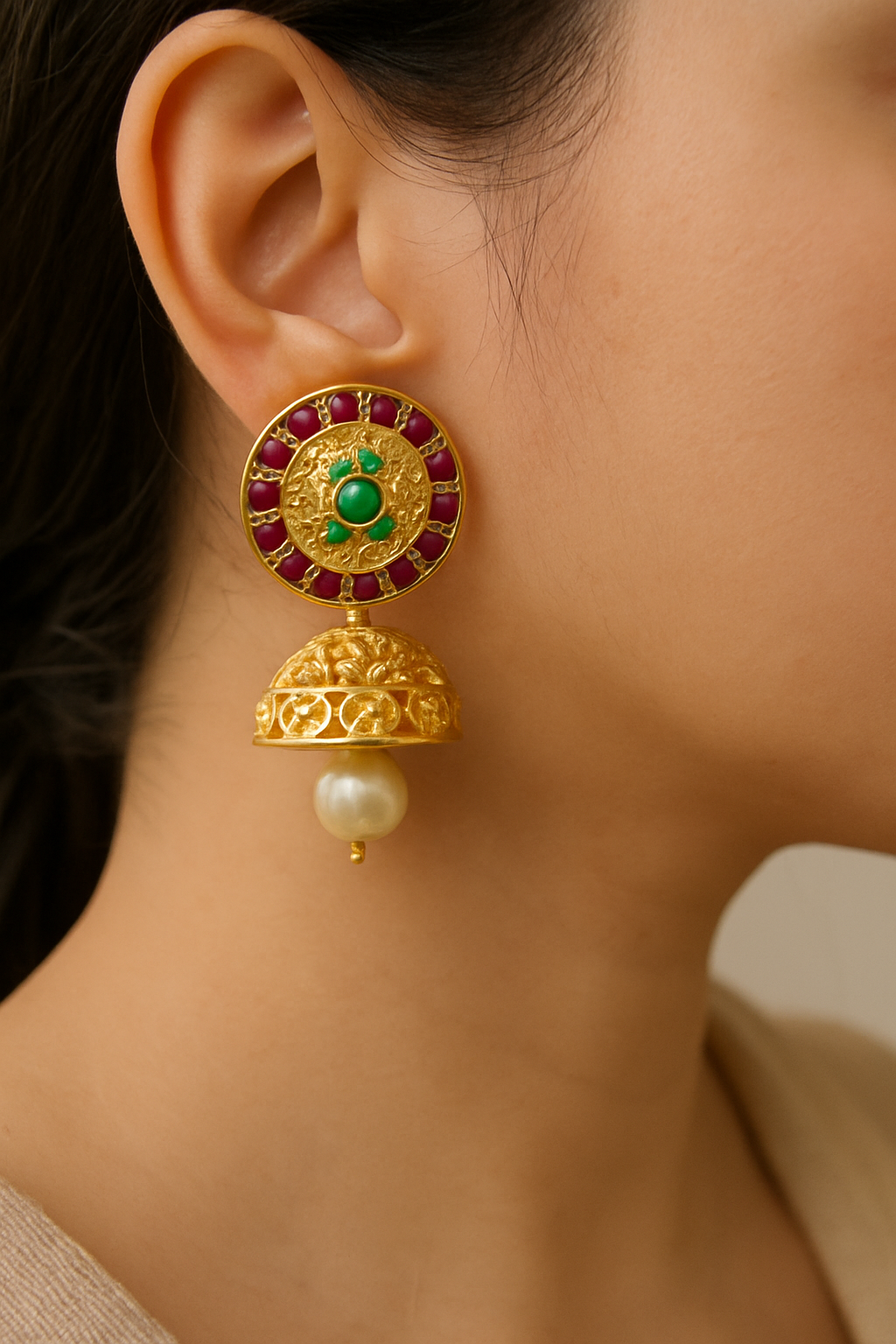 Shanti Traditional Gold-Plated Jhumka Earrings with Pearl Drop