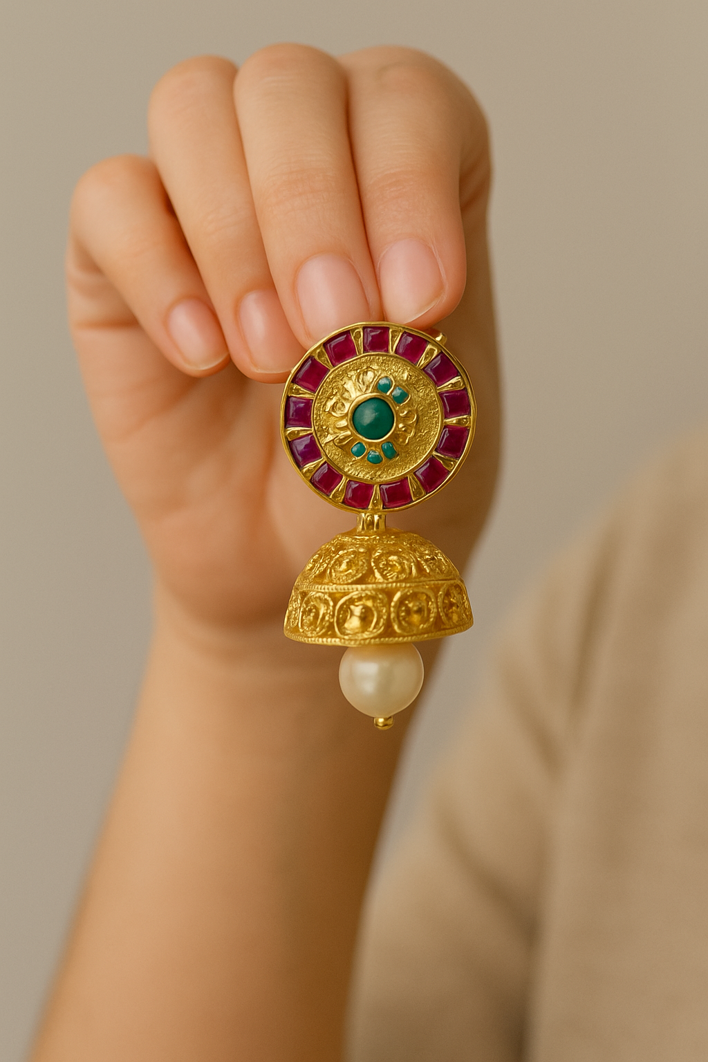 Shanti Traditional Gold-Plated Jhumka Earrings with Pearl Drop